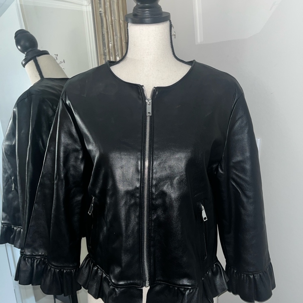 Miami Black Leather Jacket with Ruffle Hem